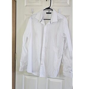 Tommy Hilfiger Mens White Long Sleeve‎ Button Down Dress Shirt Navy Piping Trim